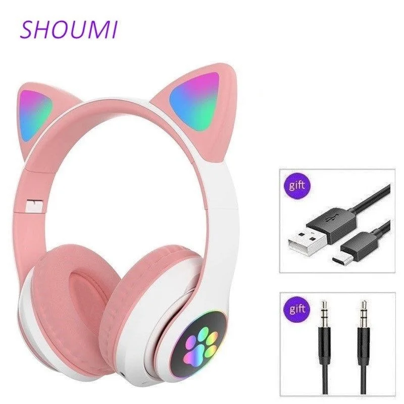 New RGB Cat Ear Headphones Bluetooth 5.0 Bass Noise Cancelling Adults Kids Girl Headsets Support TF Card Casco Mic Music Gift