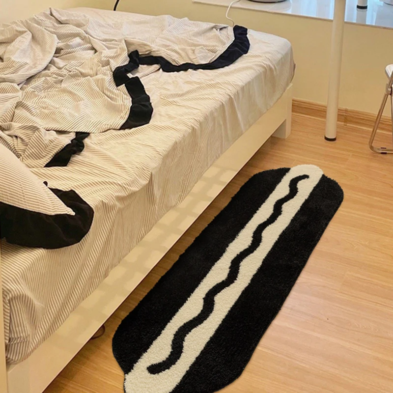 Tufting Black White Bedside Rug Soft Long Fluffy Mousse Cake Bedroom Carpet Area Floor Pad Doormat Aesthetic Home Room Decor