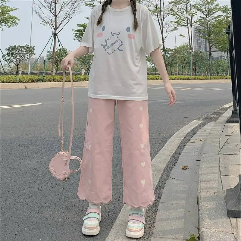 Harajuku Kawaii Japan Style Pants Women Cute Elastic Waist Casual Beige Trousers Soft Girl Oversize Autumn Loose Pants