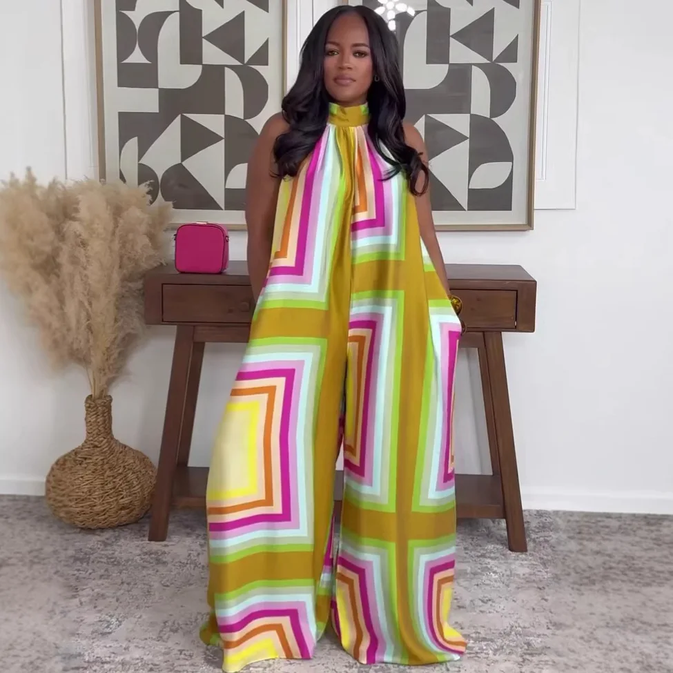 Women Jumpsuits Print Rompers Halter Collar Sleeveless Full Length Wide Leg Pants Slight Strech Loose Fit Casual 2026 Summer