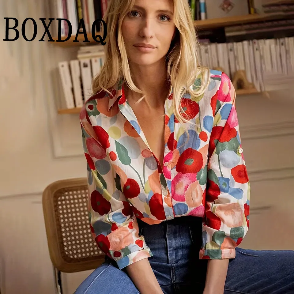 

Women'S Simple Shirts 2025 New Floral Print Shirts Summer Vintage Lapel Button Tops Elegant Fashion Long Sleeve Blouses Casual