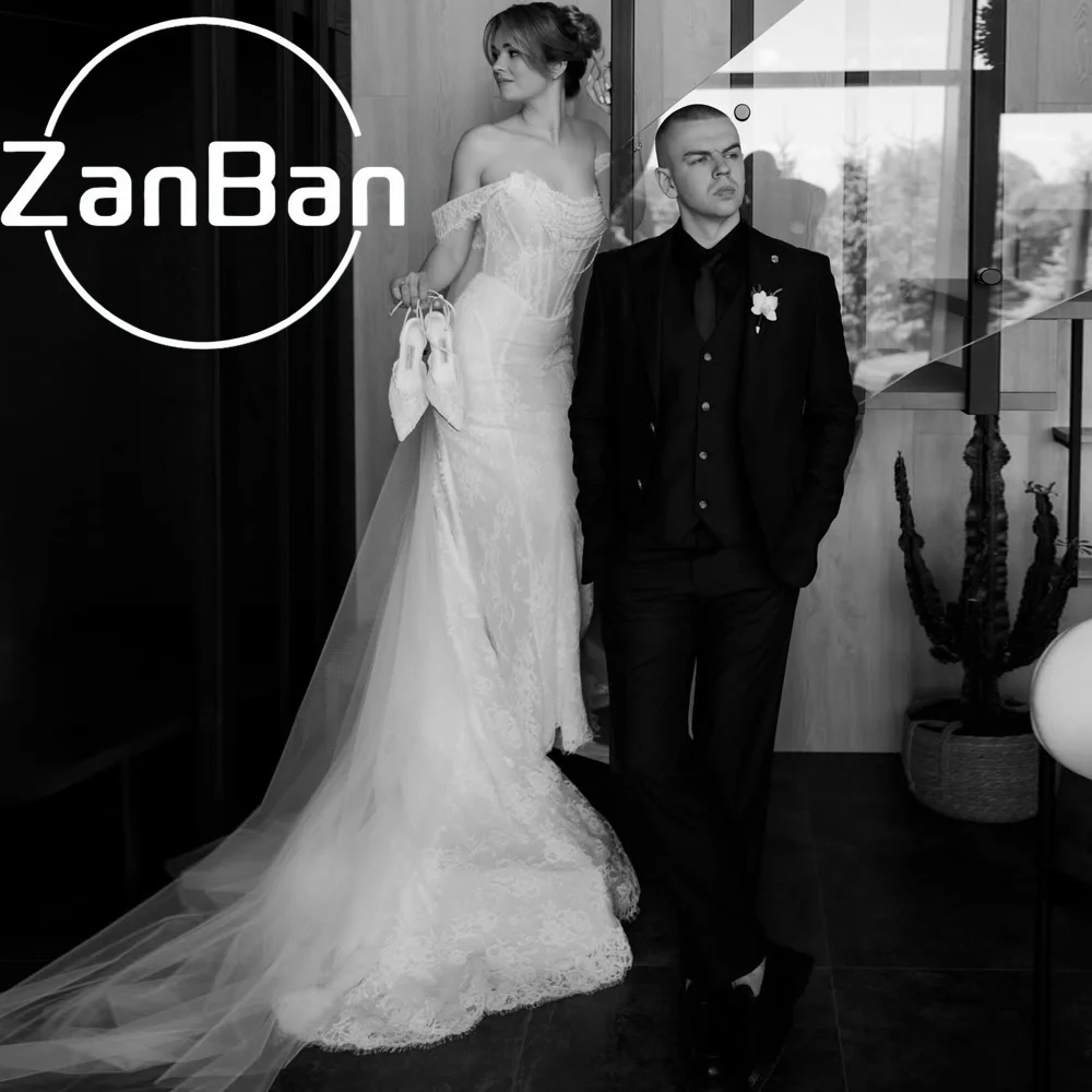 ZanBan Luxury 2027 Lace Mermaid Wedding Dresses Pearls Off Shoulder Floor-Length Bridal Gown Corest Vestidos De Novia Customized