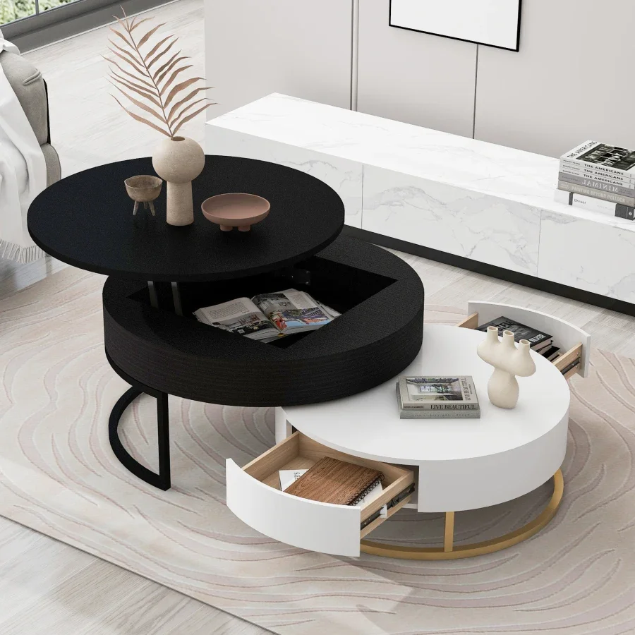 Modern Tables Round Lift-top Nesting Coffee Tables with 2 Drawers White & Natural