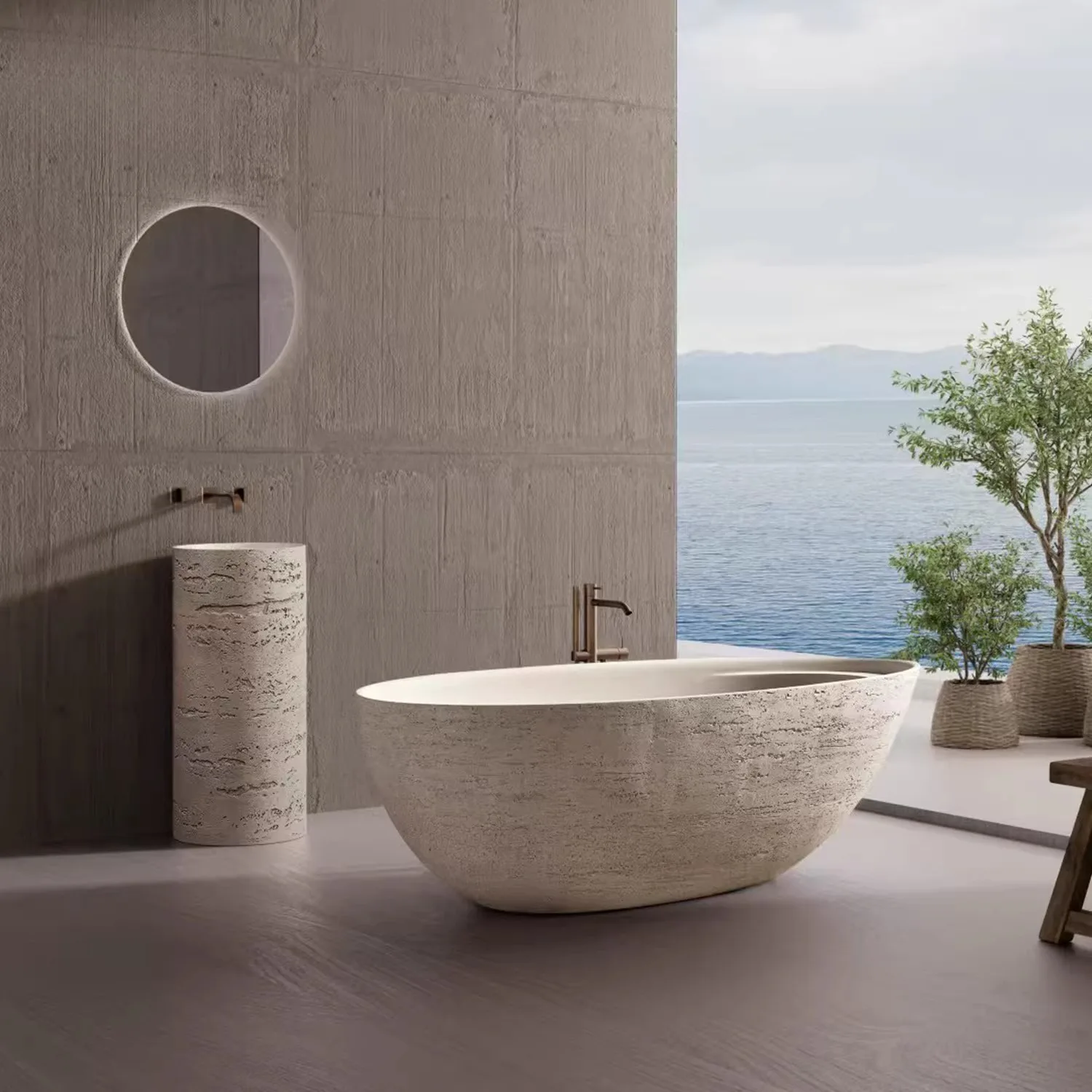 Freestanding Travertine Texture Stone Bathtub One Piece Molding Heat Preservation Natural Texture For Bathroom Hotel Villa