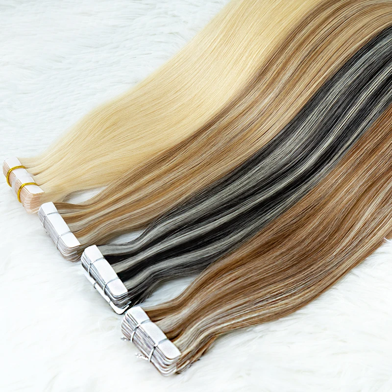 Tape in Hair Extensions 100% Real Human Hair Invisible for Women Straight Piano Color Bundles Human Hair Ombre Wigs for Salon