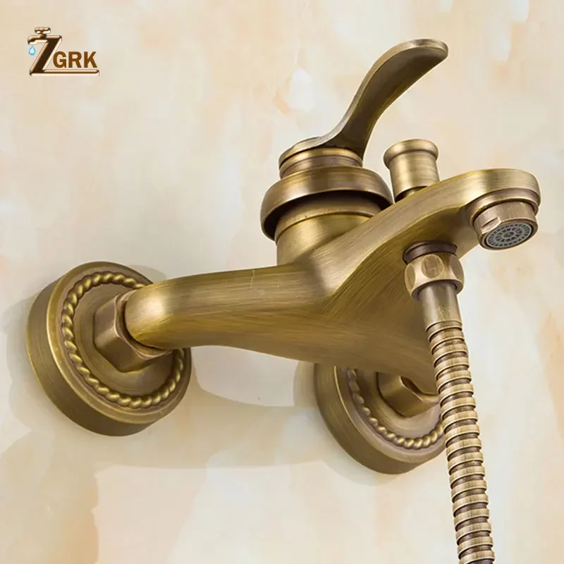 ZGRK Antique Brass Bath Faucets Shower Wall Mounted Bathroom Mixer Tap Crane with Hand Shower Head Bath Shower Faucet