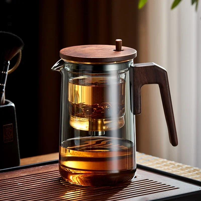 Glass Teapot With Wood Handle Heated Resistant One-button Filtering Glass Kettle Transparent Scented Tea Glass Tea Pot Teaware