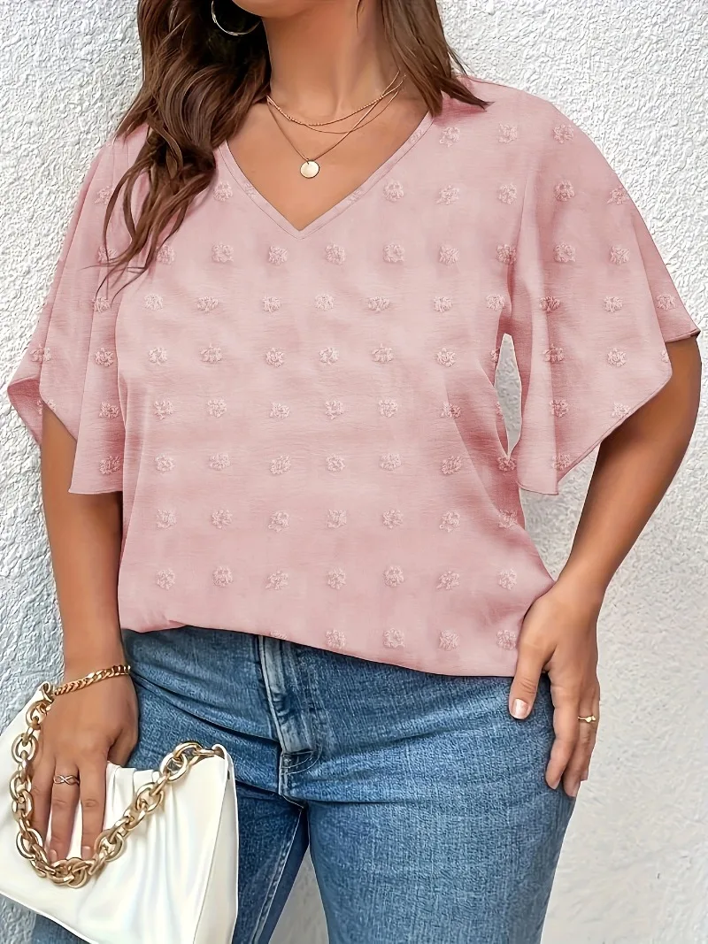 Plus Size  1XL-5XL Women\'s Fashion Solid V-neck Short Sleeved Shirt Casual Loose Fall Shoulder Sleeve T-shirt Top