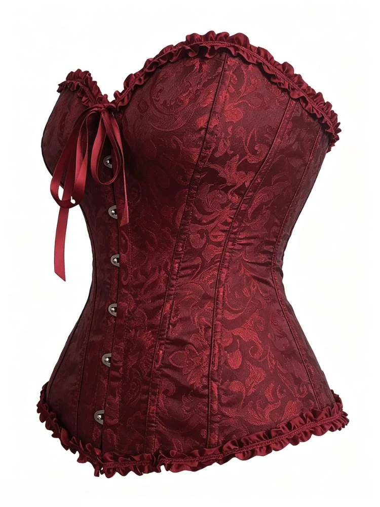Weinrotes Overbust-Korsett aus Jacquard, trägerlos, mit Rüschen vorne, Schnürung hinten, tailliert, für Party- und Clubwear – Detail 3
