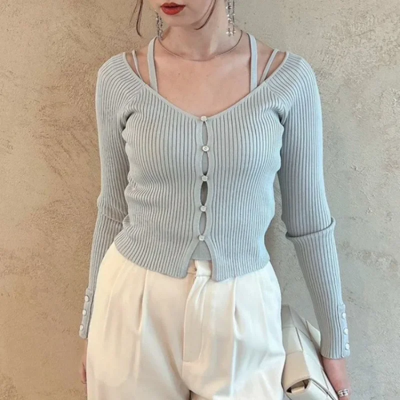 Fake Two Piece Cardigans Femme Feminino Sexy Sweater 2024 Spring New Ropa Mujer Japanese Knitwears Long Sleeve Knit Sueters