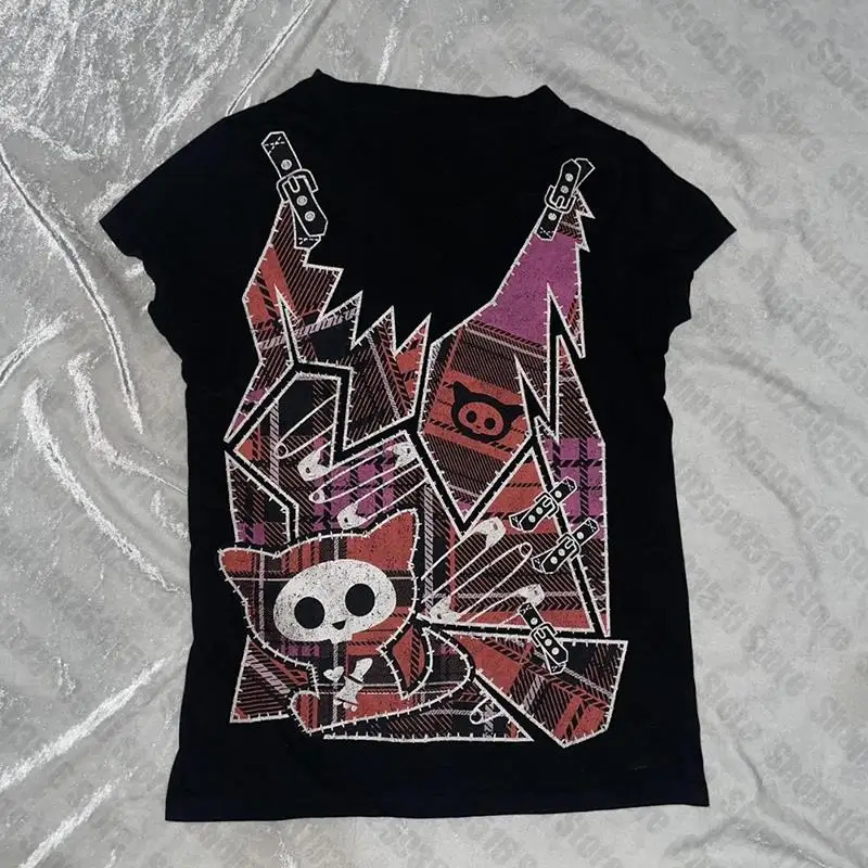 Women anime Print Casual Short Sleeve T-Shirt Y2k Clothes Gothic Emo Girl Crop Top Streetwear Aesthetic Grunge Baby Tee Vintage