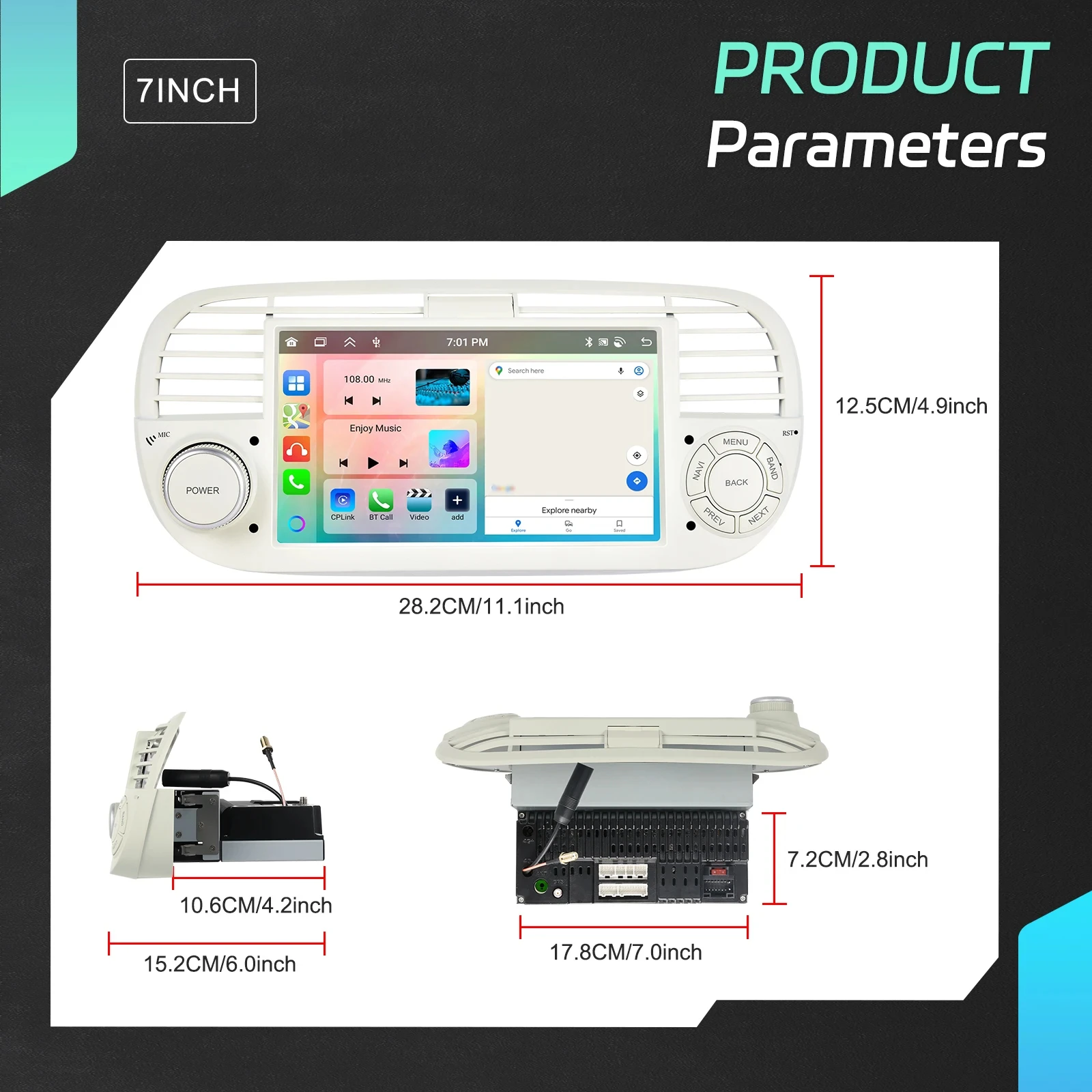 Radio para coche Podofo de 7 pulgadas con CarPlay Android para Fiat 500 2007-2015, sistema inteligente para coche, receptor estéreo GPS 2din, FM RDS, autorradio, unidad principal para salpicadero, navegación, reproductor multimedia para coche 8