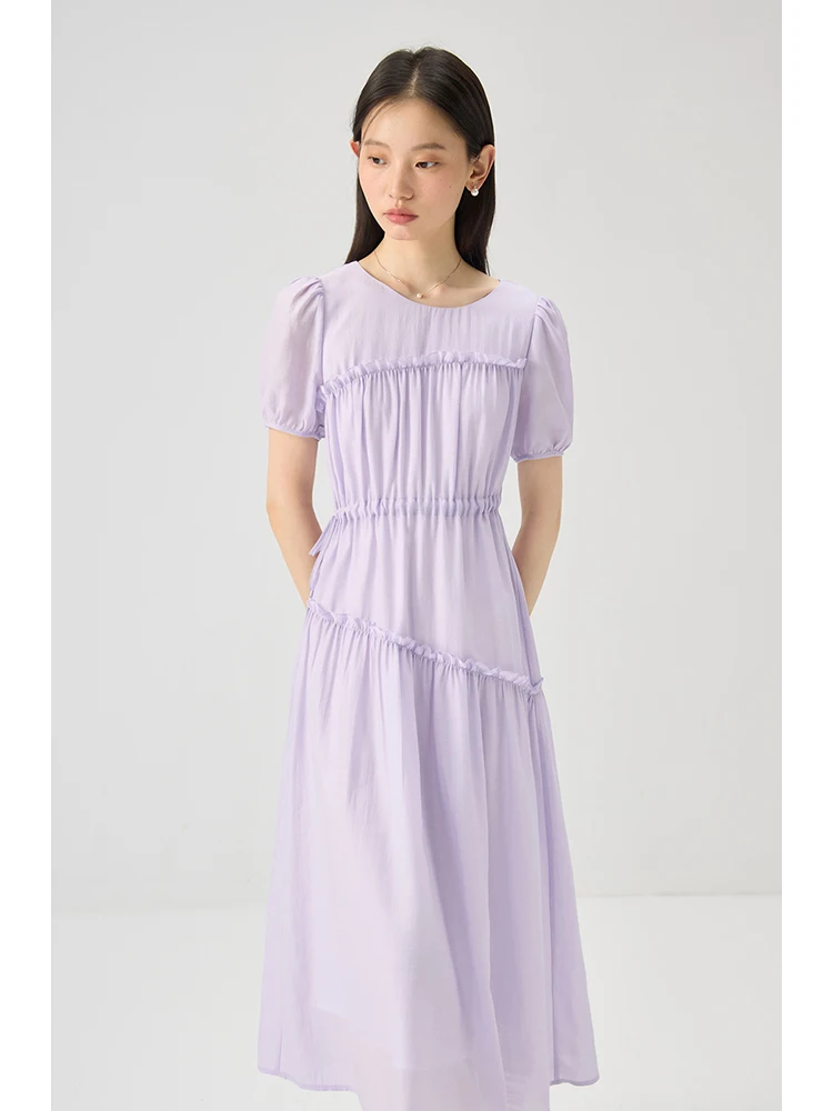 ZIQIAO Elegant Gentle Style Purple Pleated Long Dress For Women 2024 Summer New Design Female Solid Long Dress 24ZQ92479