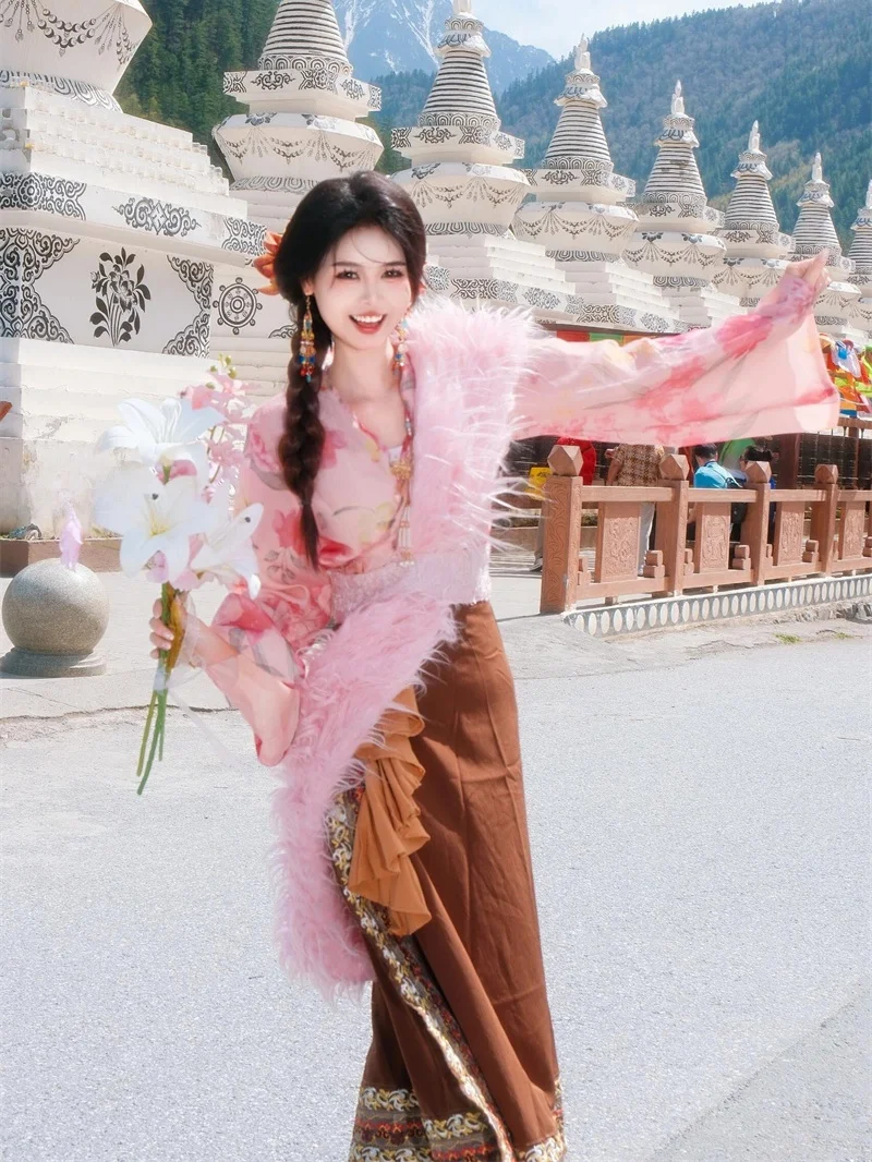 

New Ethnic Tibetan Costume Photoaphy Set for Girls Travel Photoaphy Trendy And Sli Tibetan Traditional Wear