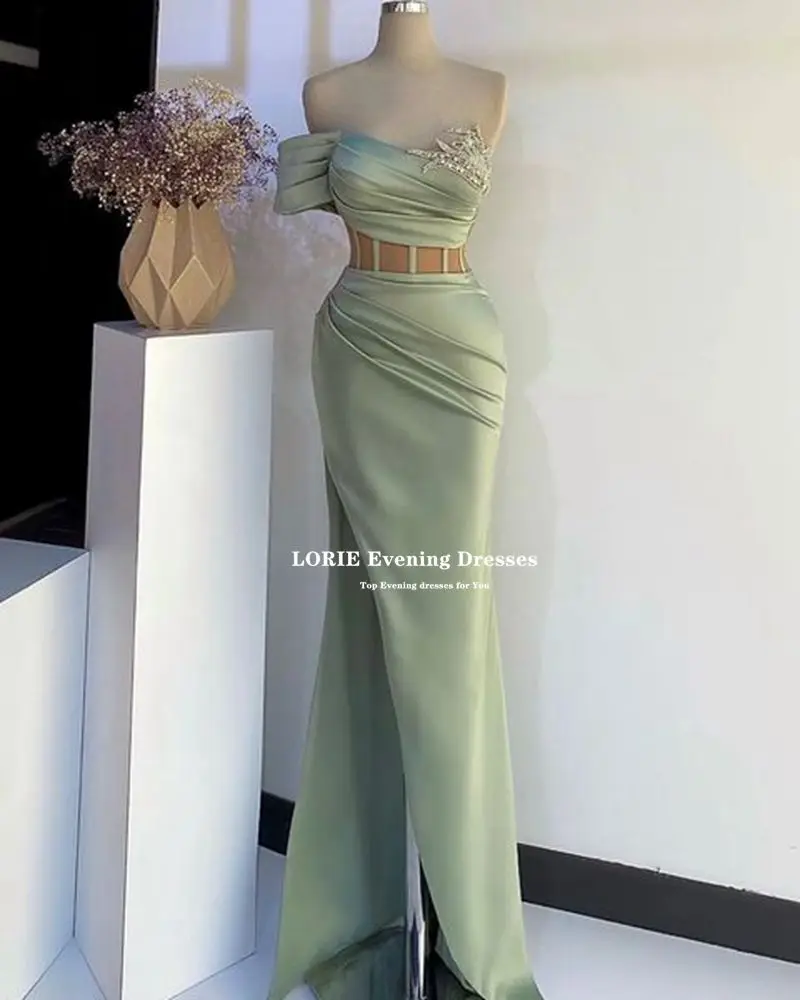 LORIE Off The Shoulder Mermaid Prom Dresses 2022 Crystals One Sleeve Side Split Satin Robes De Soirée Long Celebrity Dresses