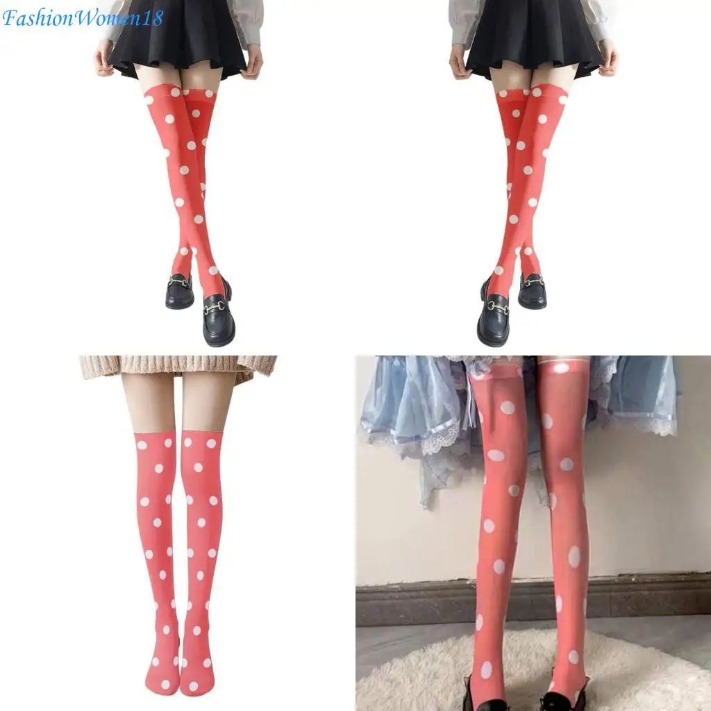

Women Anime Silk Long Stockings Large Dots Print School Student Thigh High Socks 57BD