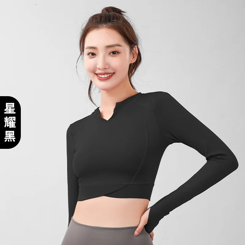 Autumn new solid color yoga top, quick drying seamless exposed navel V-neck long sleeved sports tight fitness suit top for women