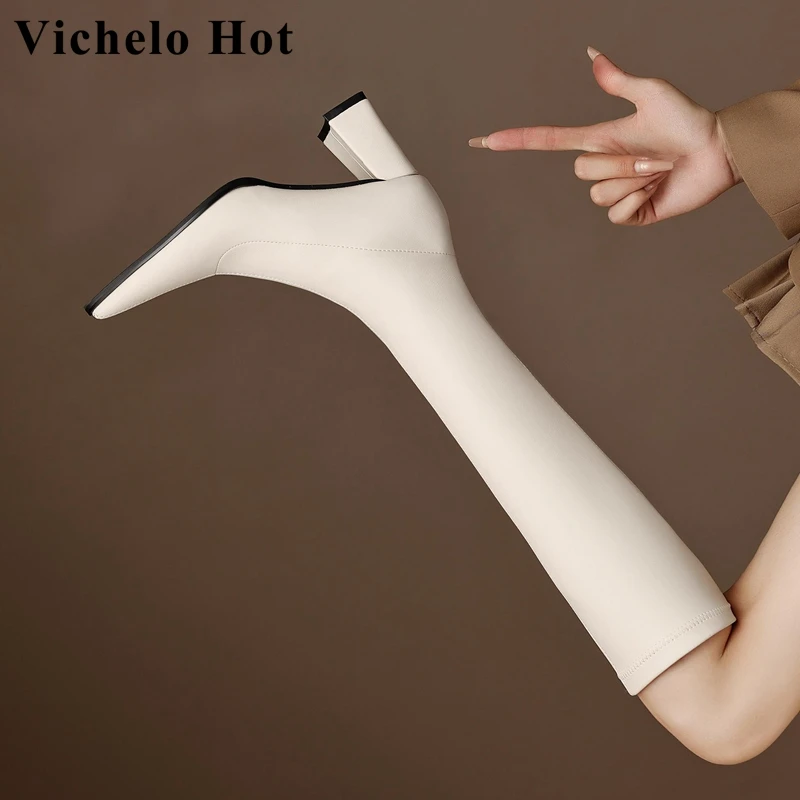 

Vichelo Hot Microfiber Pointed Toe Thick High Heels Riding Boots Thin Leg Kpop Style Big Size 42 Stovepipe Zip Thigh High Boots