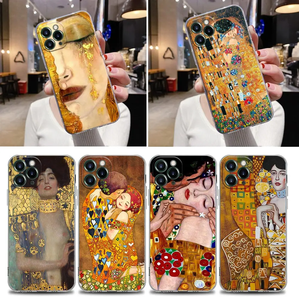 Kiss by Gustav Klimt Golden Freya's Tears Clear Case For iPhone 16 15 14 13 12 11 Pro Max Mini Xs X 7 8 Plus Cover Silicone Case