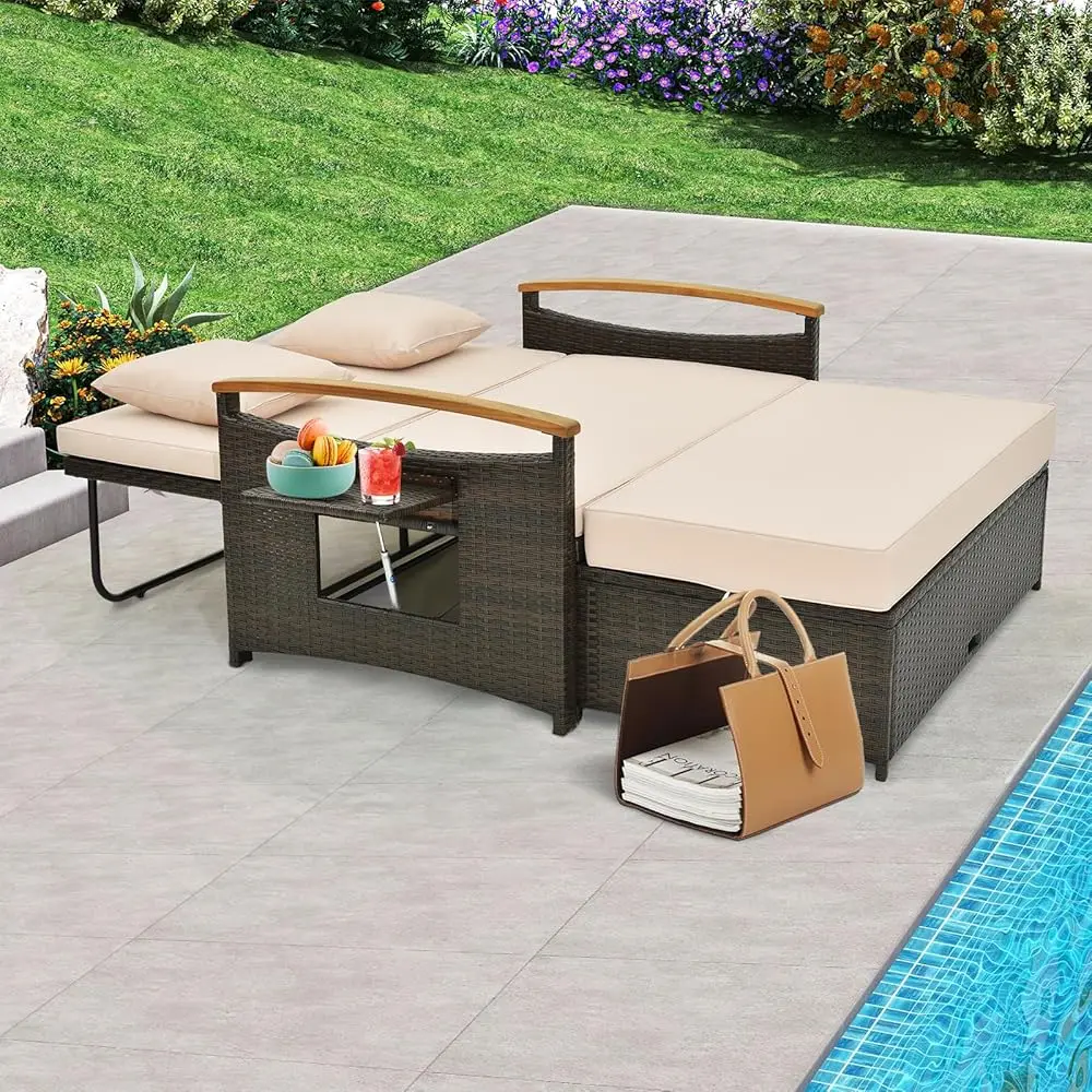 Patio Rattan Daybed Set With Cushioned Loveseat And Storage Ottoman, Outdoor Double Chaise Lounger With 4-Level Adjustable