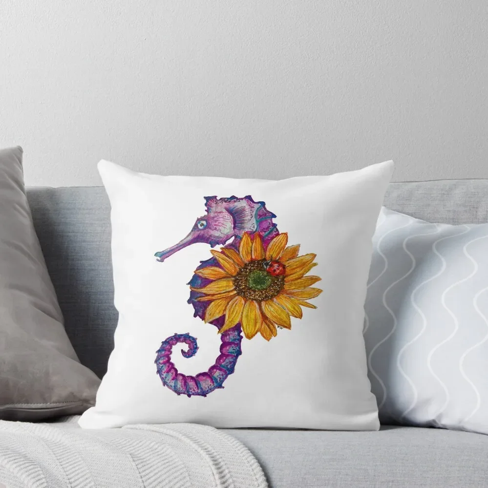 Watercolor Warrior Seahorse with Sunflower and Ladybug Throw Pillow autumn decoration pillow cover christmas pillow