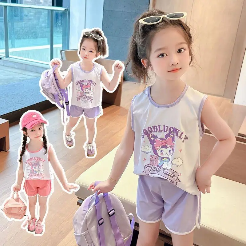 

Sanrios 2 шт. Kuromi летний жилет модные шорты Kawaii без рукавов новый стиль хлопок фиолетовый мультяшный принт спортивный детский повседневный хит продаж