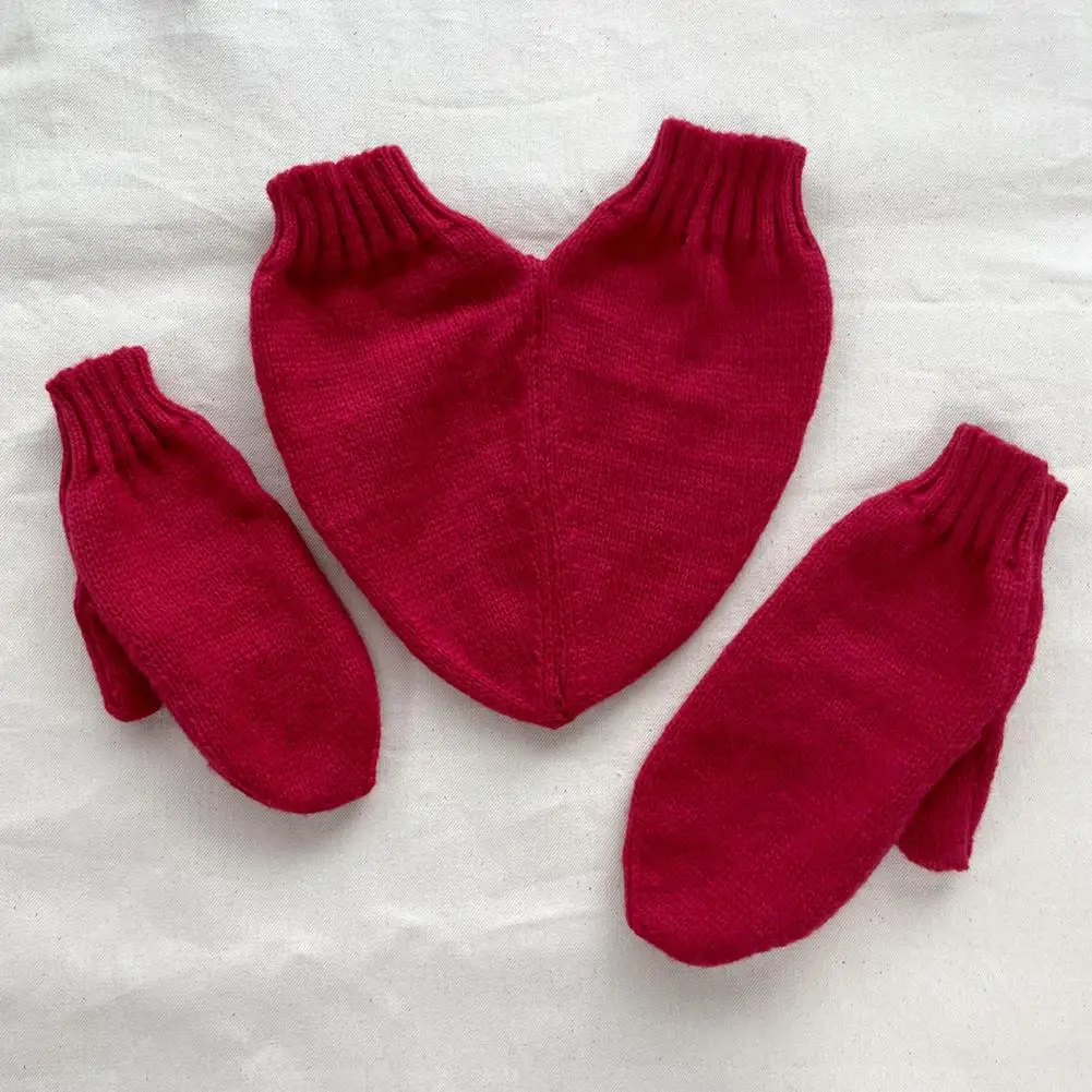 3Pcs 	Romantic Heart Shape Gloves Couple Hand Holding Mittens Heart Shape Shared Glove Two Person Knit Fingerless Gloves