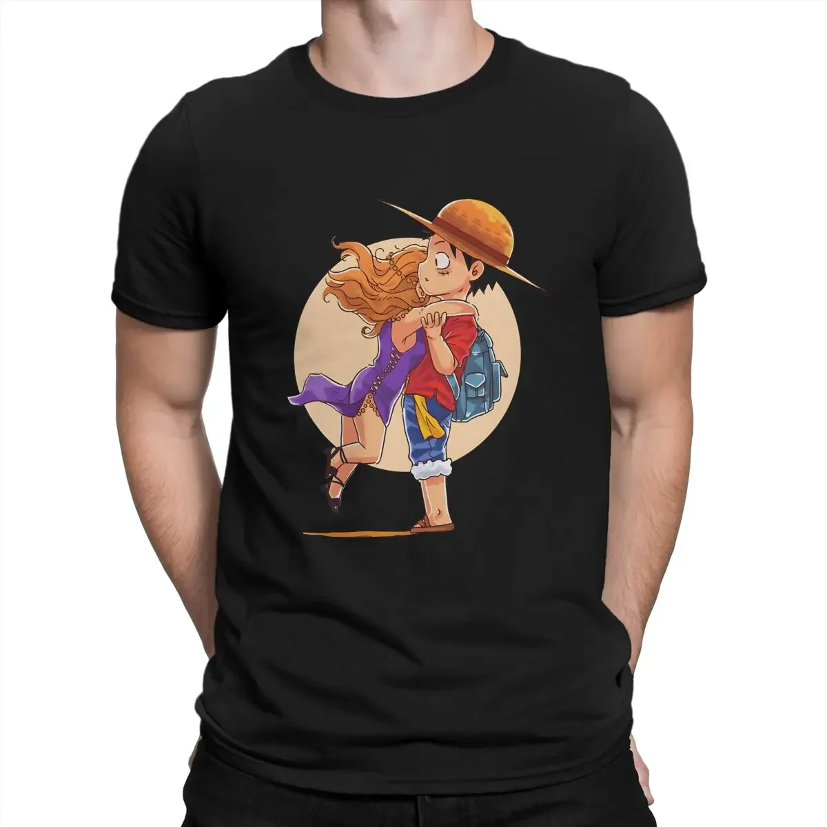 Camiseta estampada de cuello redondo para hombre, ropa de calle de poliéster, Nami, Luffy, Chibi, gran abrazo, Anime de una pieza, estilo divertido de verano