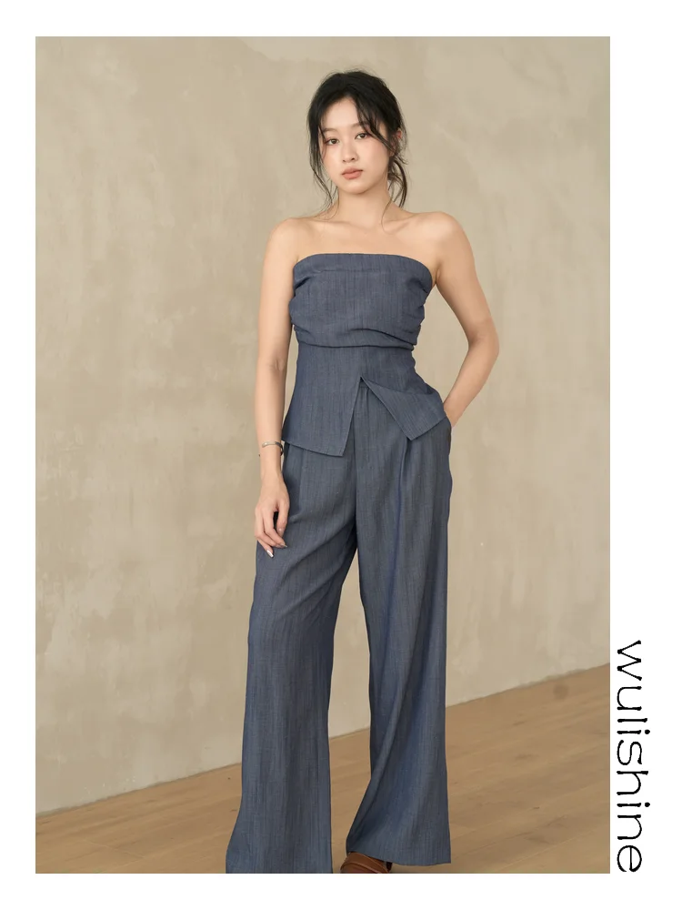 

High Waist Linen Casual Fake Denim Wide Leg Pants Floor-Length Women's Summer Slimming Trousers Old Money Style W203