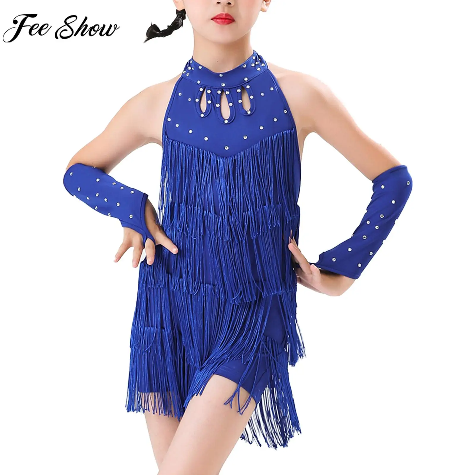 Teen Girls Latin Dance Salsa Leotard Dress with Gloves Sleeveless Halter Tassel Bodysuit for Ballroom Waltz Cha-cha Samba Rumba