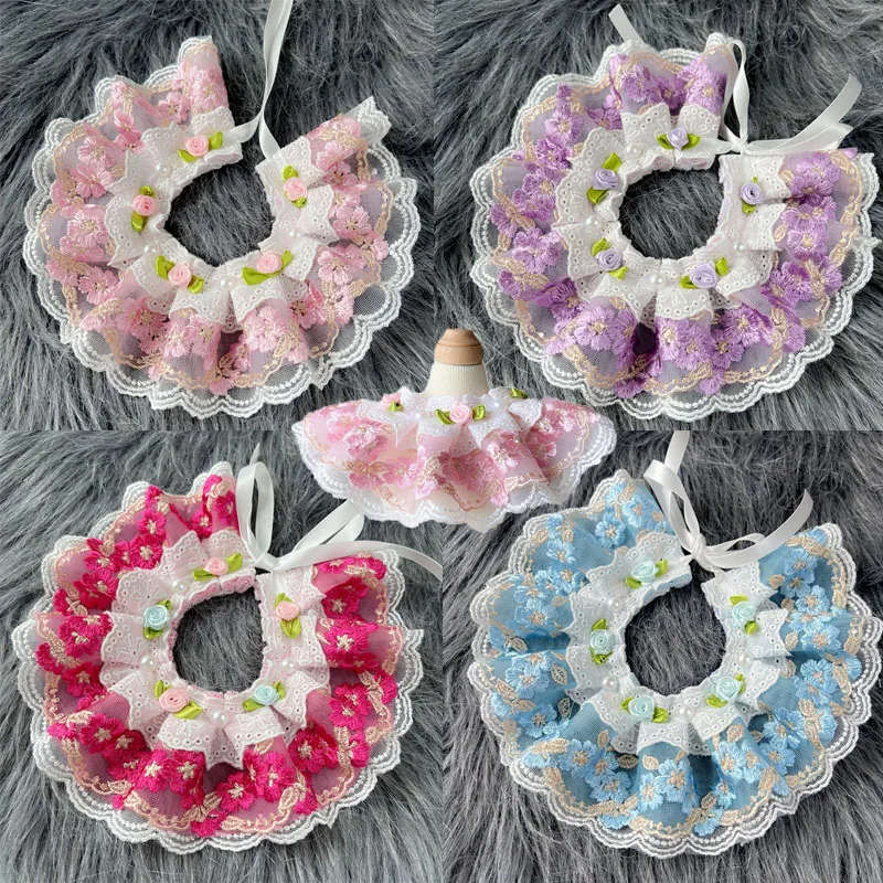 Girls Lace Cat Dog Collar Luxury Wedding Bride Neck Decoration Pink Blue Purple Red Floral Pet Bibs Necklace Scarf For Small Dog