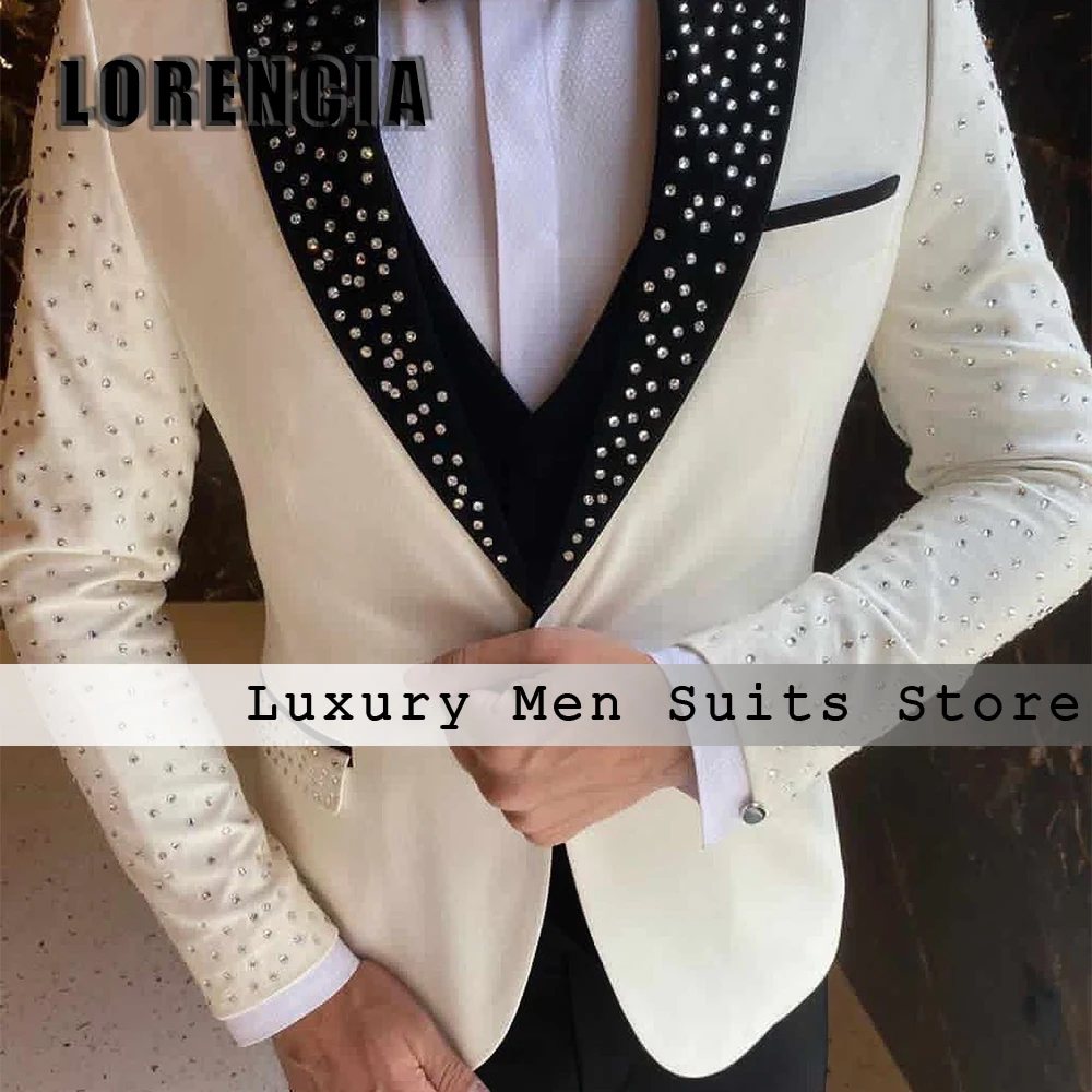 

Leisure Rhinestone Suits for Male 3 Pieces Single Breasted Wedding Groom Outfits Customized Blazer Pants Vest costumes homme
