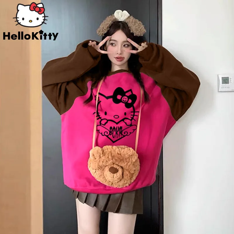 Sanrio Hello Kitty College Style Print Sweater Sweet Soft Y2k Girl Fashion Round Neck Pullovers Women Spring Autumn Casual Top