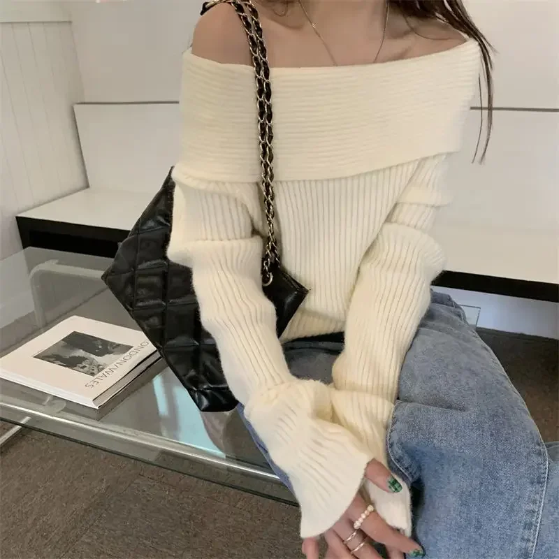 Deeptown Elegant Sweater Women Korean Style Off Shoulder Knitted Female Jumper Vintage Autumn Knitwear Harajuku Fashion Pullover