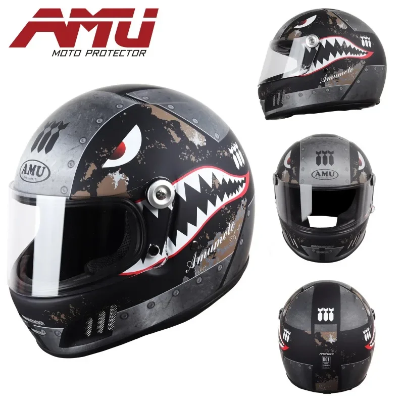 

AMU Fiberglass Retro Motorcycle Helmet Capacete RAPID HD Anti-fog Full Face Motorbike Street Racing Helmets Cascos Para Moto