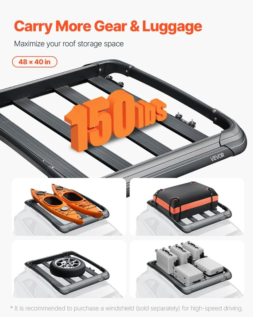 

Universal Roof Rack Cargo Basket, 48x40x5.6in, 150lbs Capacity, Anti-Rust Steel, Wind Fairing for SUV