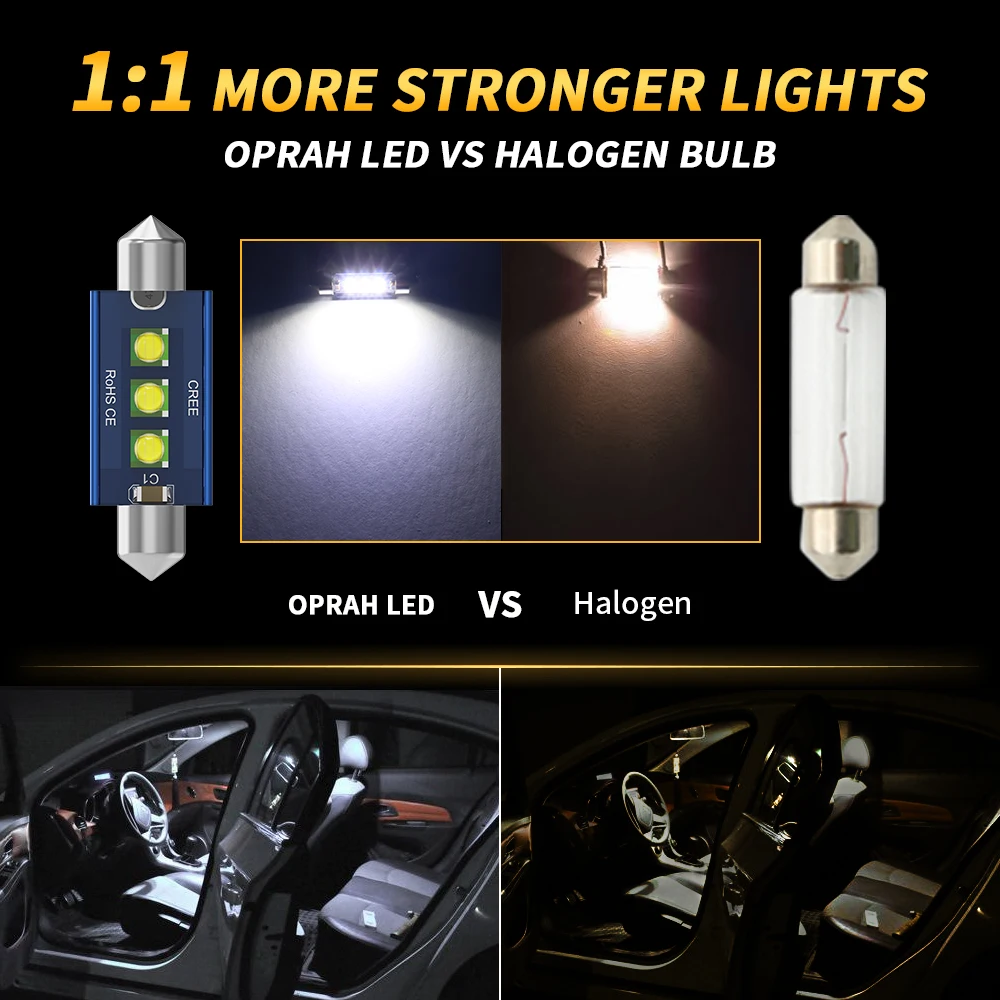 Oprah 2pcs Festoon LED C5W C10W 31mm 36mm 39mm 41mm Lamp Car Interior Light Canbus No Error Dome Reading Bulb 12V White 6000K