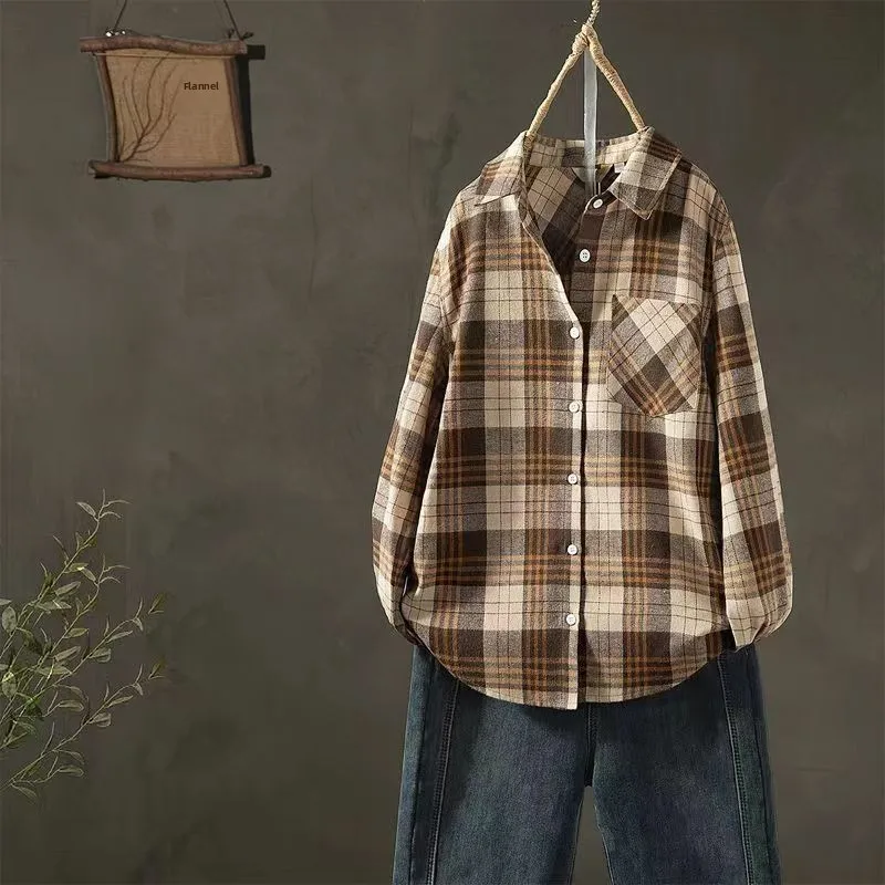 

Casual Cotton irt Women's Faion Turn-down Collar Long Sve Loose Commute Sle Plaid Patterned Korean Version Button De...