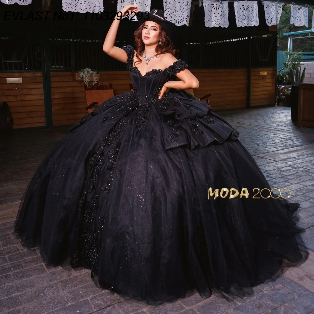 

EVLAST Customized Black Quinceanera Dress Ball Gown Shiny Lace Applique Beading Ruffles Sweet 16 Vestidos De 15 Anos E1QN669