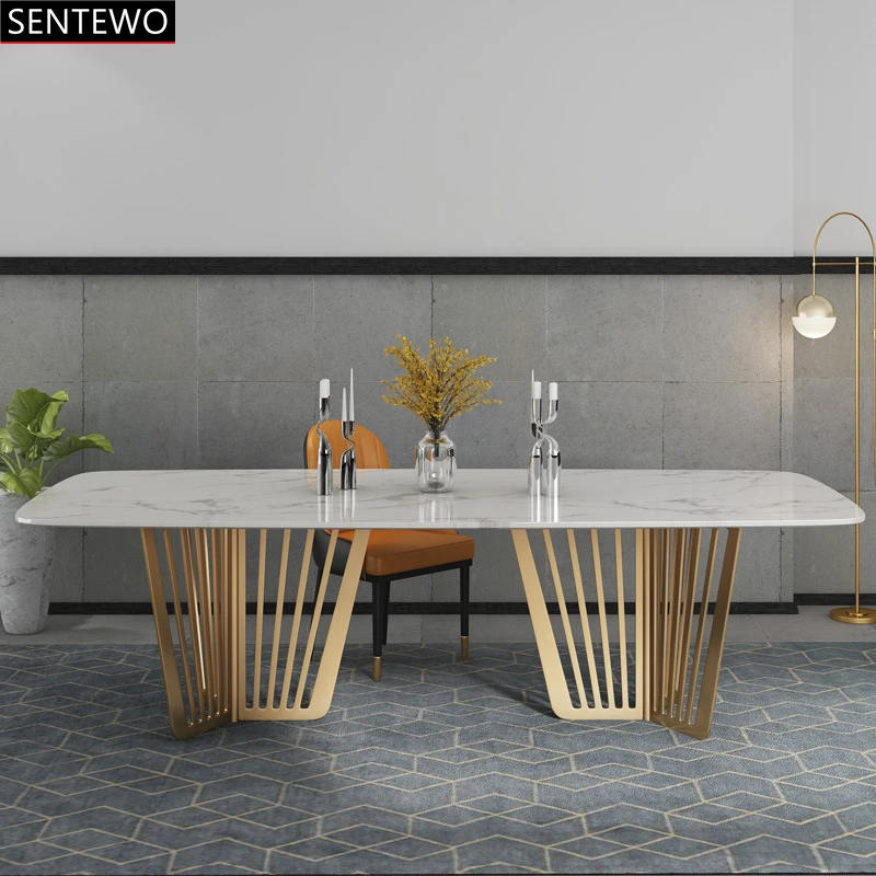 Luxury Marble Kitchen Dining Table With Chair Set Stainless Steel Gold Plating Base Dinner Table Chair Set Mesa Com 6 Cadeiras