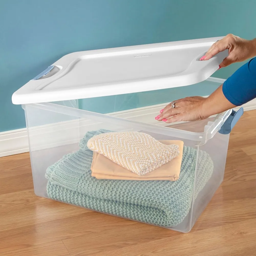 12-Pack Latching Box, Under Bed Storage Bins with Lids, Clear Plastic, 64 Quart - Heavy-Duty Organizing Containers for Closet
