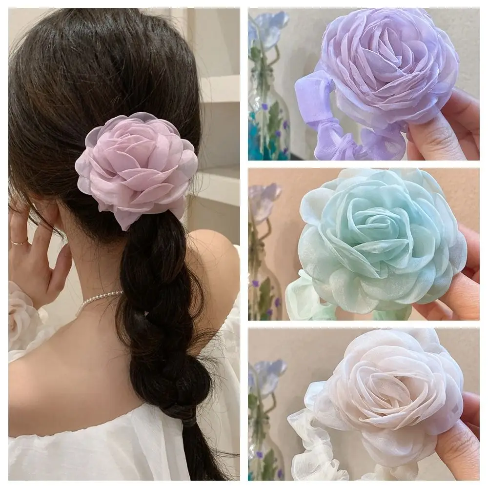 Hair Tie Mesh Flower Hair Band Ponytail Holder Hair Ring Elastic Hair Band Hair Accessories Camellia Flower Rose Hair Rope DIY