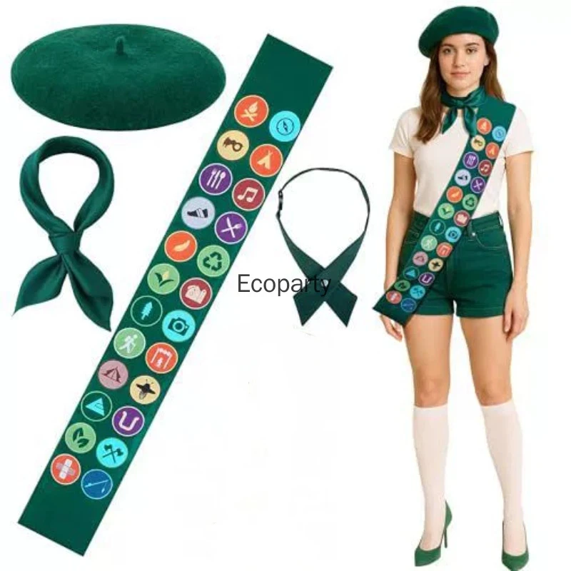 4pcs Set Scouts Costume Accessories Green Beret Morale Badges Patches Satin Sash Beret Bow Tie Set Halloween Soldier Outfits