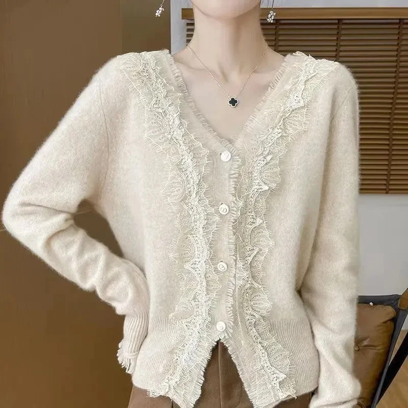 

Spring Ladies V-neck Knitted Cardigan Coat Autumn Female Solid Color Casual Sweater Tops Korean Women Long Sleeved Lace Knitting