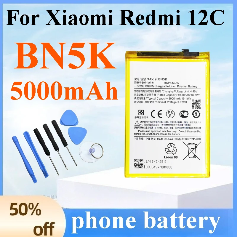 

New BN5K Battery 5000mAh High Capacity Replacement Phone Battery for Xiaomi Redmi 12C Long Lasting Bateria High-Quality