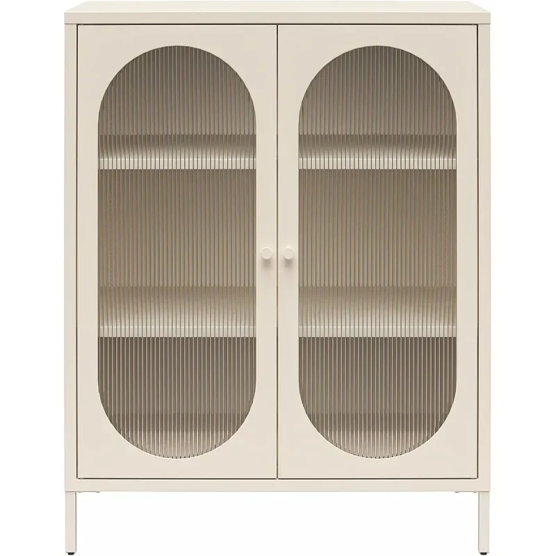 Short 2 Door Accent Cabinet with Fluted Glass, Parchment Storage Cabinets