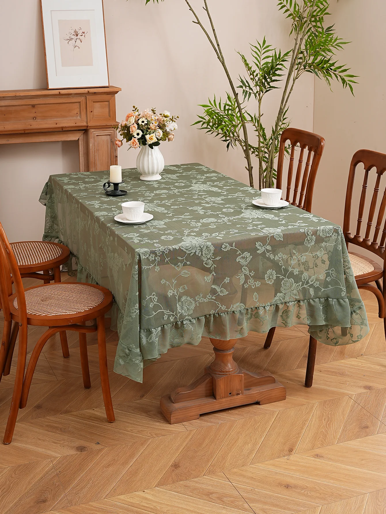 Green Floral Lace Tablecloth, Embossed Rose Pattern Semi Sheer Table Cover with Ruffle Hem for French Cottage Dining Table Decor