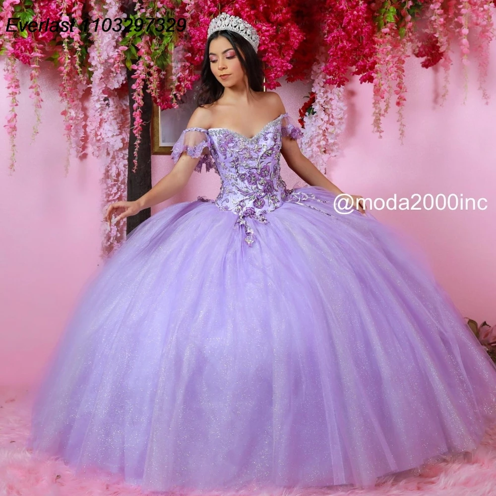 

EVLAST Glitter Lilac Quinceanera Dress Ball Gown Shiny Lace Applique Beading Corset Mexican Sweet 16 Vestido De 15 Anos TQD958