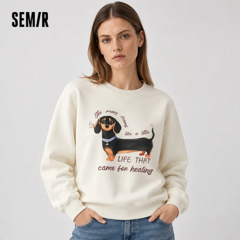 Semir Women Sweatshirt Fleece Lined Layered Look Dog Graphic Mid Length Urban Casual Style 2026 Winter Warm Layer Everyday Wear