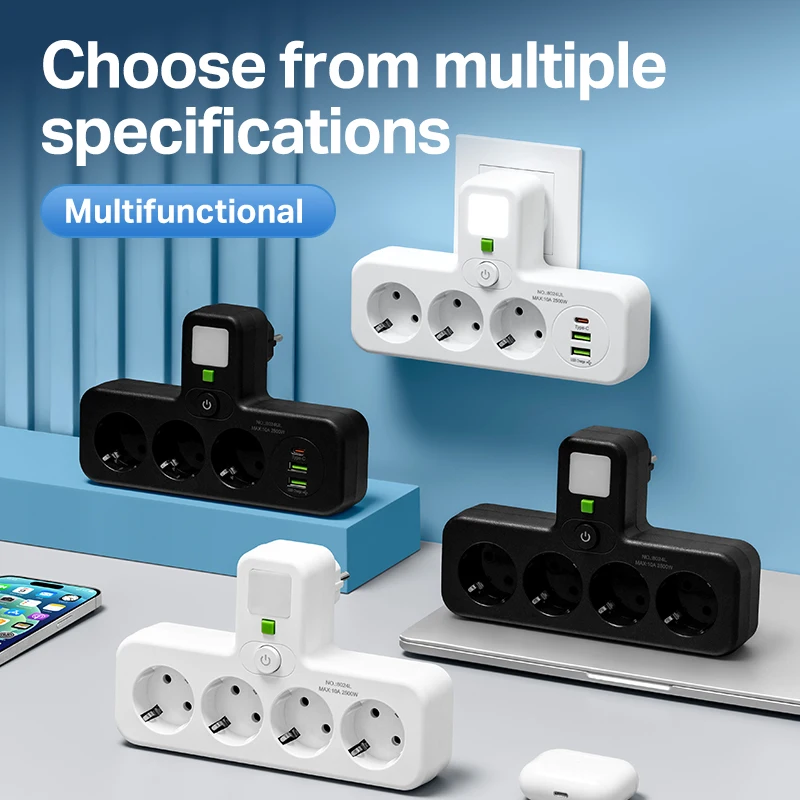 1pc EU power board, switch power plug, with independent night light switch, 4 AC sockets, suitable for home and office use